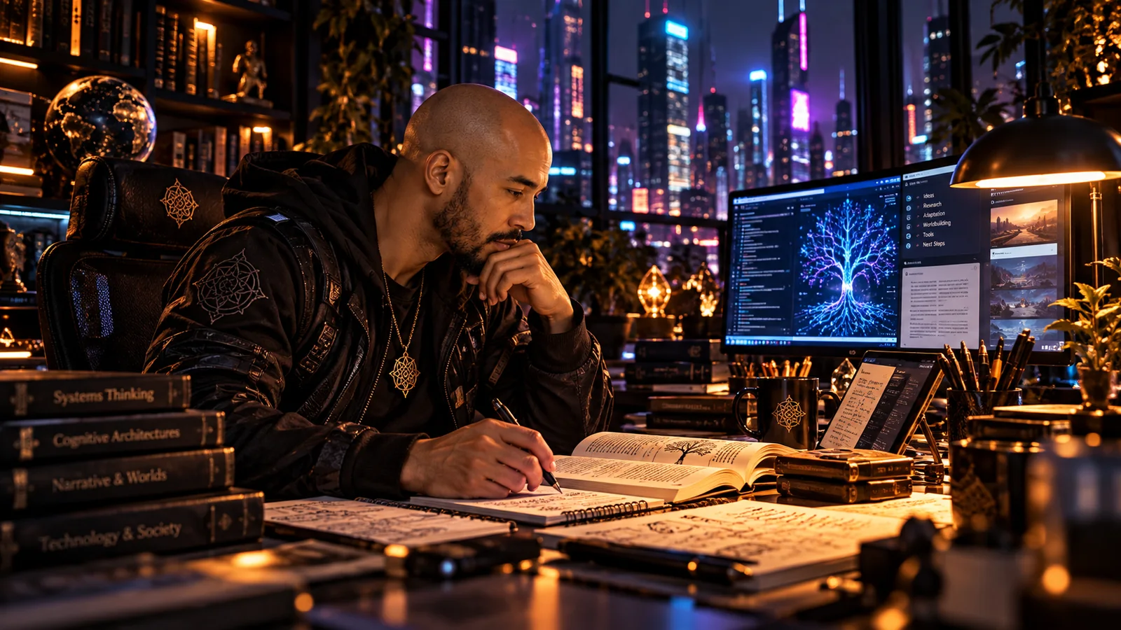 Stylized Slytewurk studying at a desk