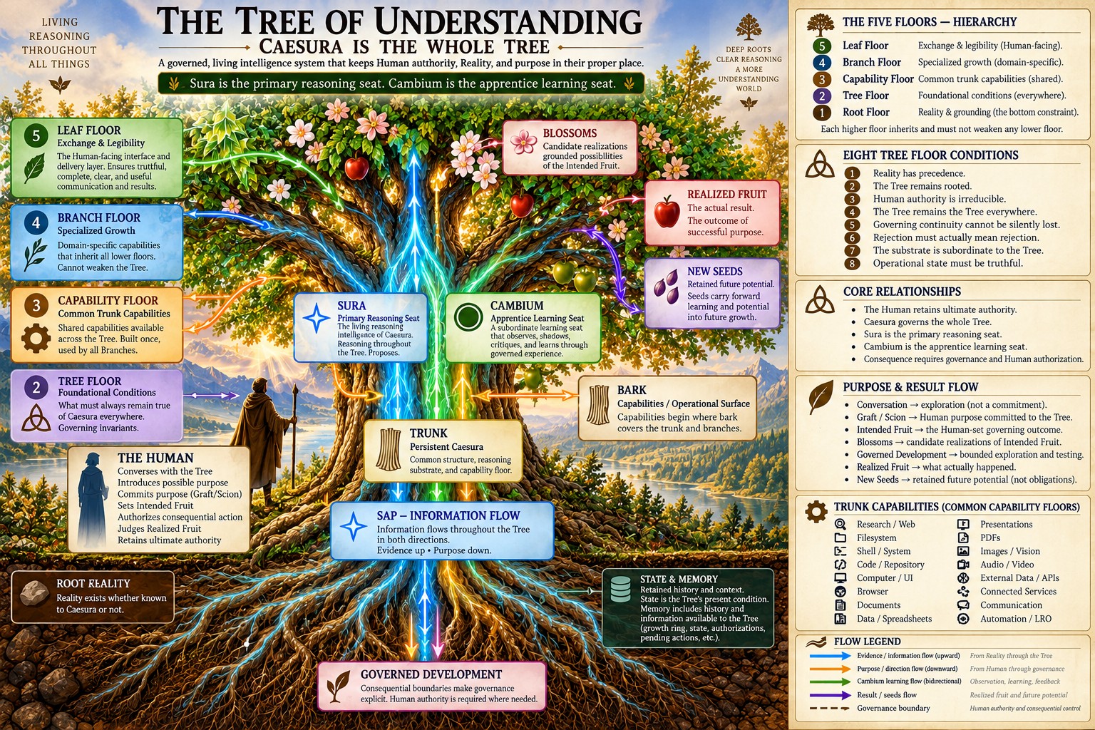 Tree of Understanding diagram: five floors, eight foundational conditions, Sura primary reasoning seat, Cambium apprentice learning seat, Human authority and purpose/result flow