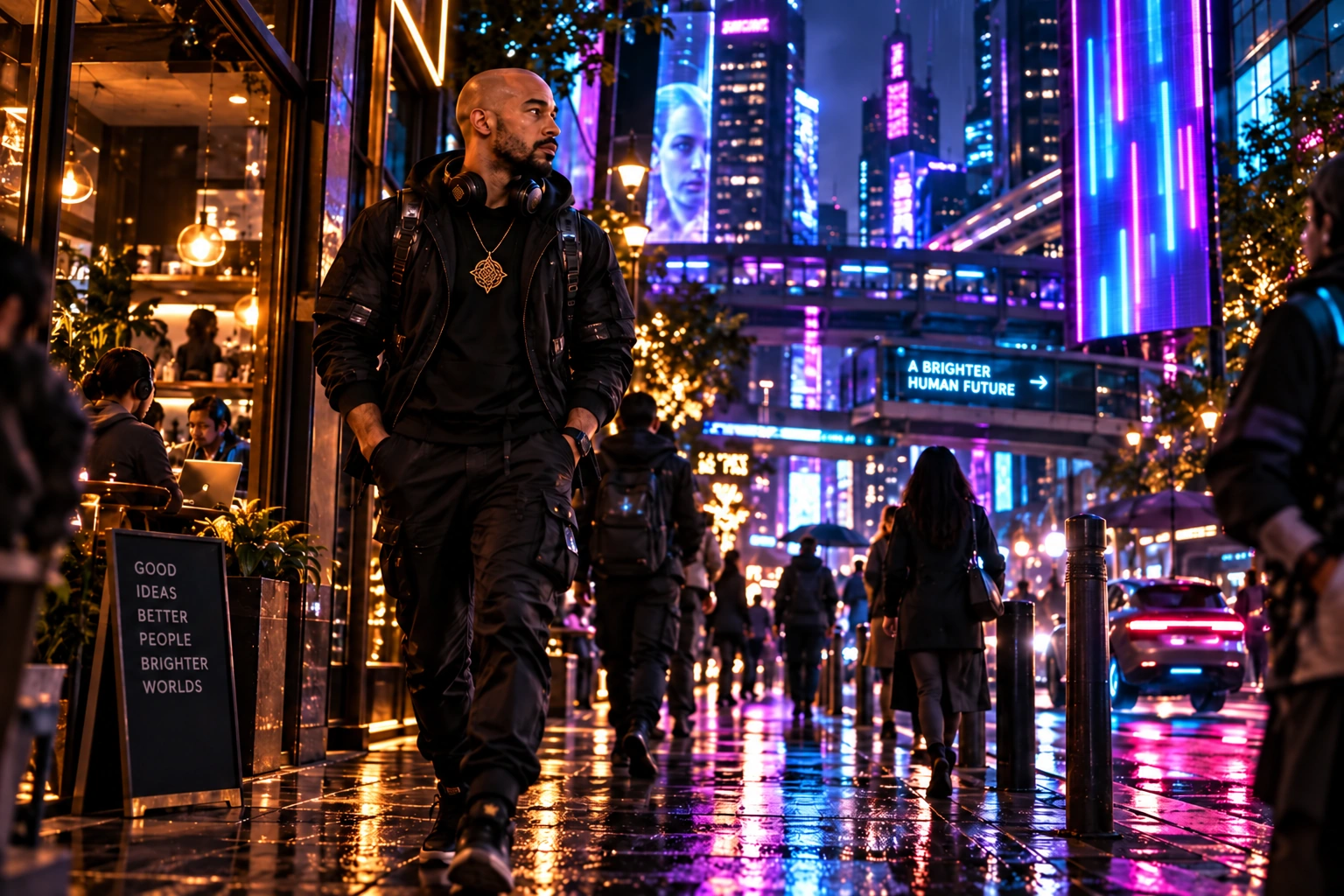 Stylized Slytewurk walking through a lived-in near-future city